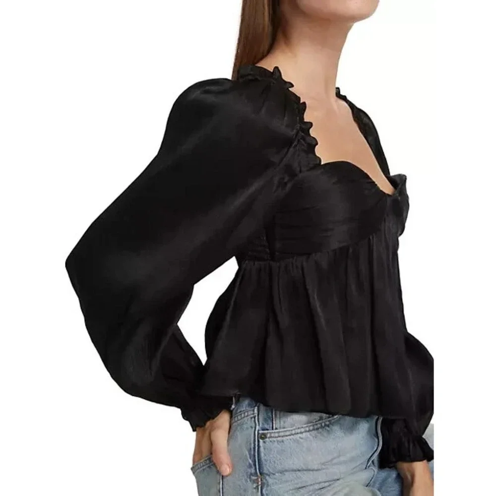 NWT ASTR The Label Sz Small IRENE Black Shine Babydoll‎ Top Smocked Back Ruffle